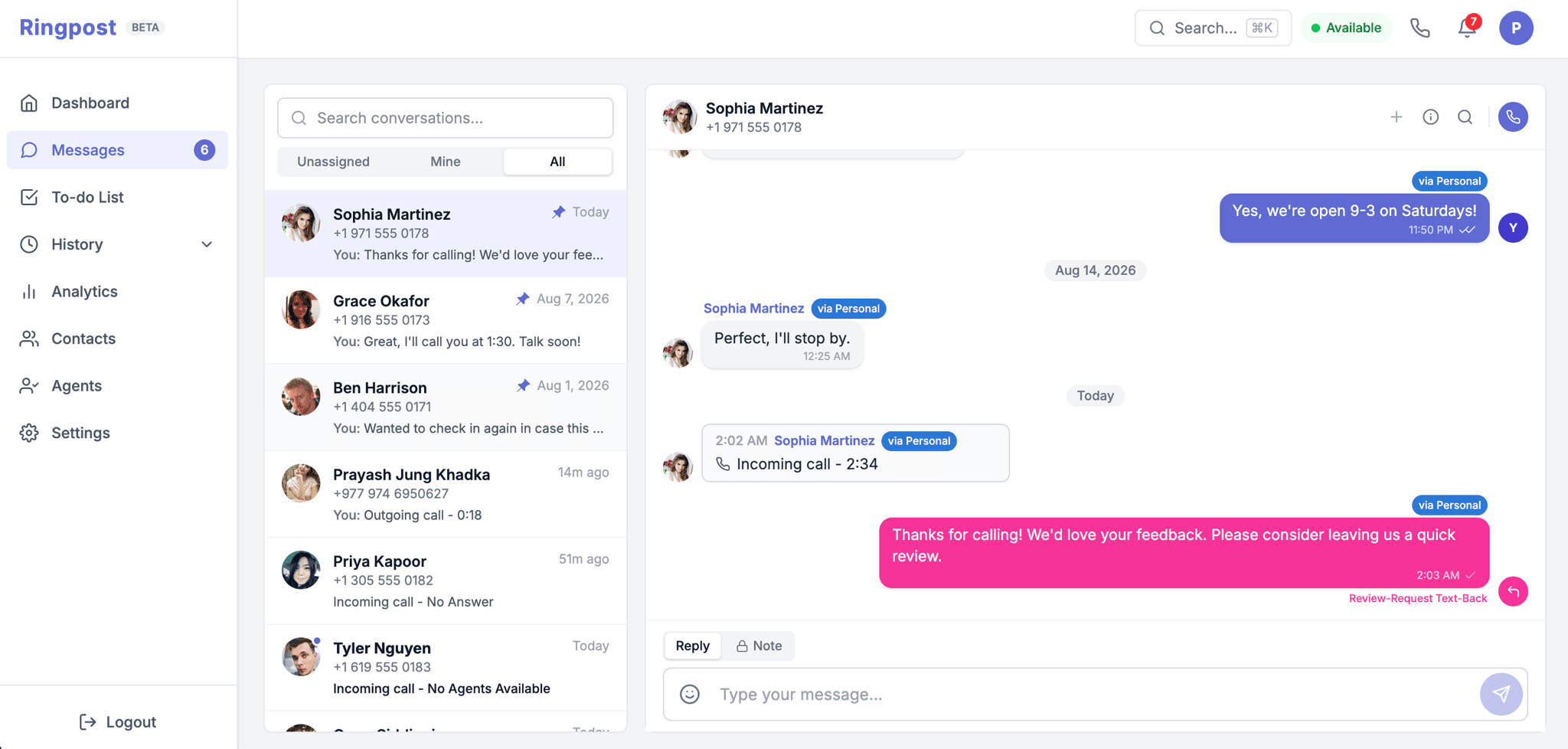 Ringpost’s shared inbox, showing a team’s calls and texts in one view